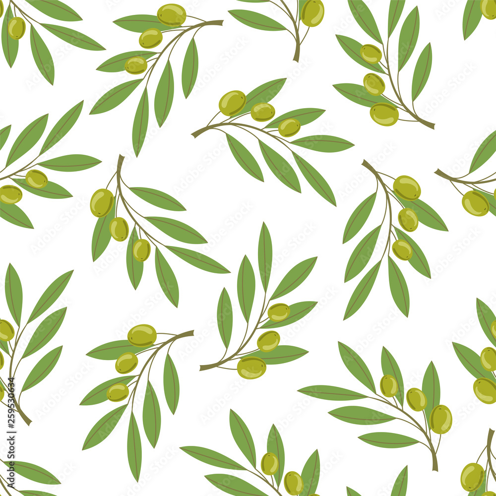 Seamless pattern with olive branches on white background.