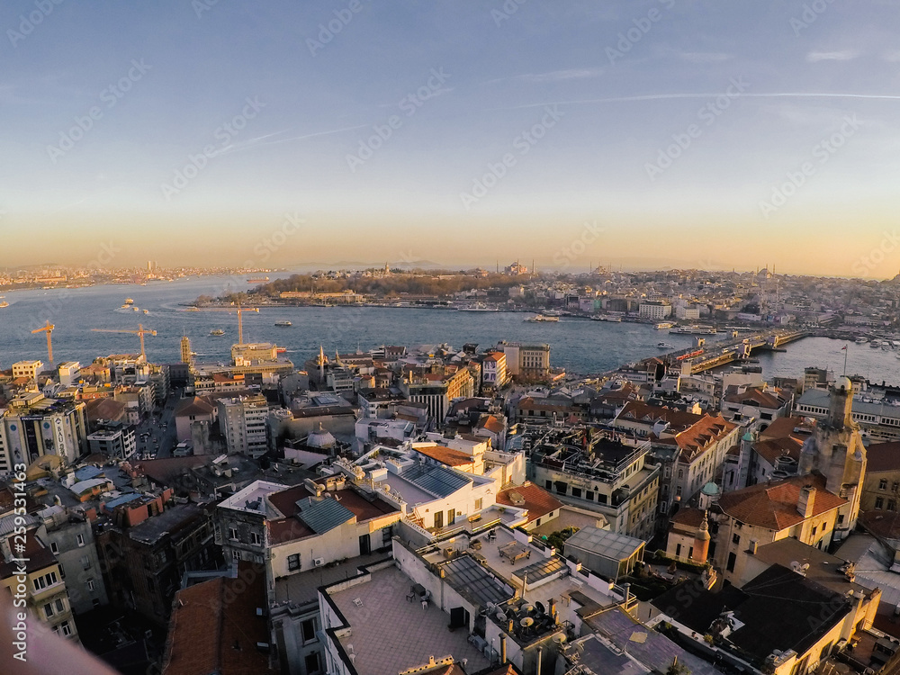 Golden sunset view to Istanbul city from Galata tower