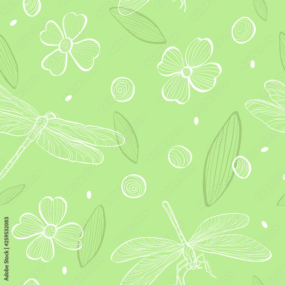 Seamless pattern with flowers and dragonflies in sketch style.