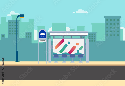 Fototapeta Naklejka Na Ścianę i Meble -  Flat bus stop on main street with city background.Thai bus stop on road with urban.Beautiful cityscape scene.Public bus stop in town