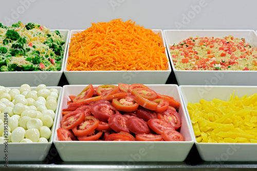 Salad dishes in self-service restaurant in Brazil