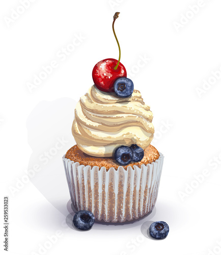 Vector of a crumbly, gentle wet biscuit cupcake with a stunning soft air cheese cream, with juicy fresh blueberry and cherry. Light-blue paper cake mold got wet from the juiciness of the cake