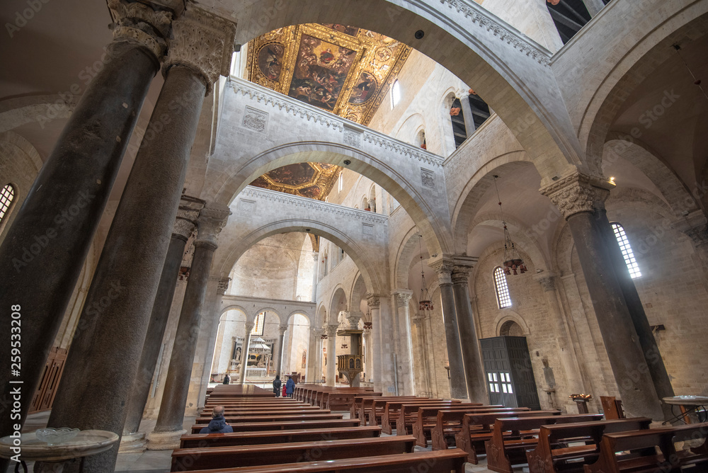 Bari, Puglia, Italy - Inside interior of The Pontifical Basilica di San Nicola (Basilica of Saint Nicholas), a church in Bari. Roman Catholic Church in region of Apulia
