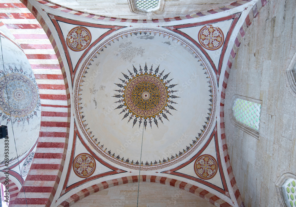 Ceiling or dome of Selimiye Mosque in Edirne, Turkey. The mosque is in UNESCO World Heritage Site. The mosque was commissioned by Sultan Selim II, and was built by architect Mimar Sinan