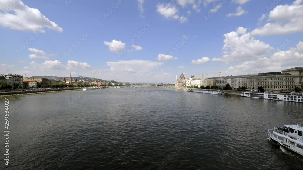 Establishing shot of The Danube, Budapest, Hungary from The Szechenyi Chain Bridge Establishing shot of The Danube, Budapest, Hungary from The Szechenyi Chain Bridge