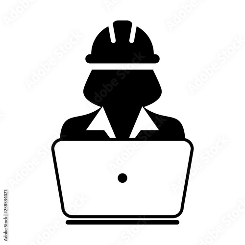 Contractor icon vector male construction service worker person profile avatar with laptop and hardhat helmet in glyph pictogram illustration