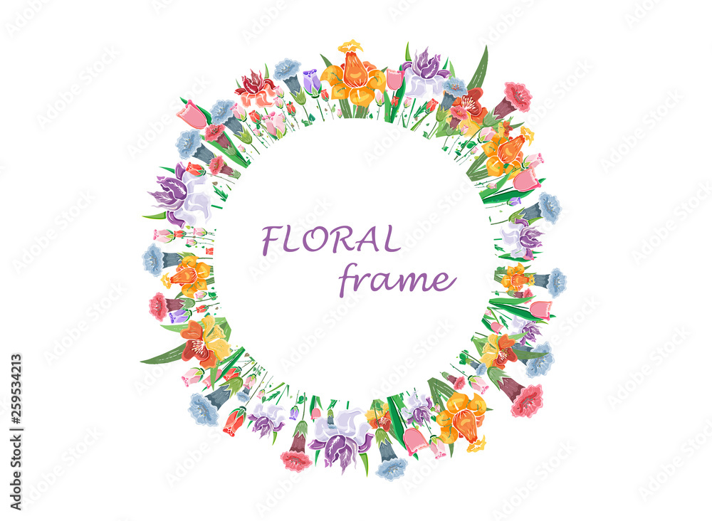 Watercolor floral wreath. Spring round frame, template for your design