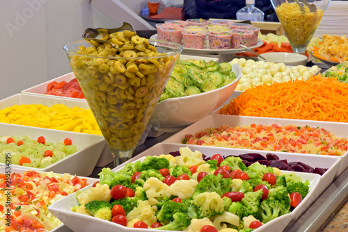 Salad dishes in self-service restaurant in Brazil
