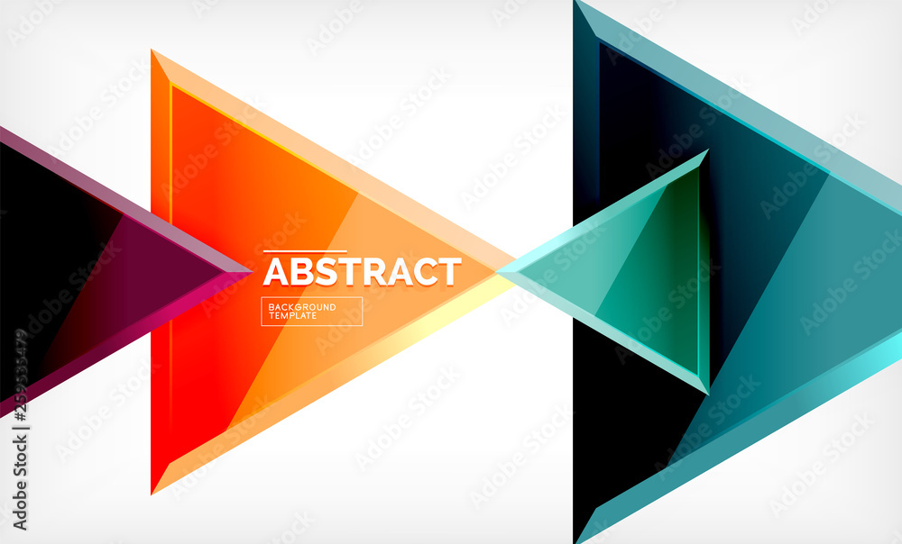 Triangles repetiton geometric abstract background, multicolored glossy triangular shapes, hi-tech poster cover design or web presentation template with copy space Triangles repetiton geometric abstract background, multicolored glossy triangular shapes, hi-tech poster cover design or web presentation template with copy space