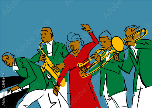 Jazz band: pianist, saxophonist, trombonist, songstress. Music band performance. Colorful musical illustration. Vector.