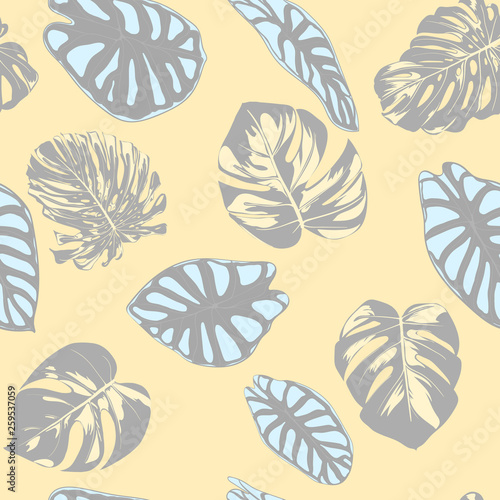 Seamless Vector Tropical Pattern in Pastel Color Design. Monstera Palm Leaves and Alocasia. Jungle Foliage with Watercolor Effect. Exotic Hawaiian Fabric Design. Seamless Tropical Background for Print