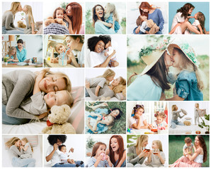 Collage about young mother and her little daughter. Happy family time on weekend. Mother's Day concept. Love, lifestyle, motherhood and tender moments concepts.