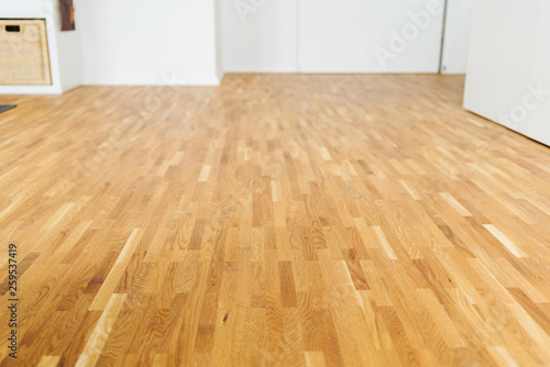 Light colored hardwood floor in a spacious room