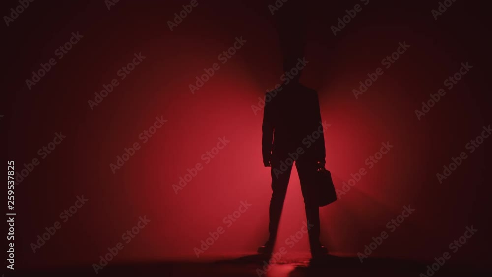 Man with a Suitcase Stands on Red Background in Silhouette. Businessman On Red Background concept. Man with a Suitcase Stands on Red Background in Silhouette. Businessman On Red Background concept.