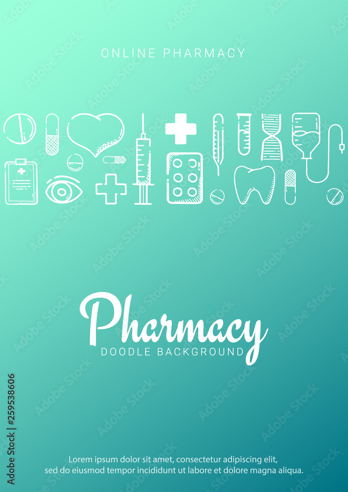 Pharmacy and Medical banner with doodle background. Pills, Vitamin tablets, medical drug. Vector Illustration. Pharmacy and Medical banner with doodle background. Pills, Vitamin tablets, medical drug. Vector Illustration.