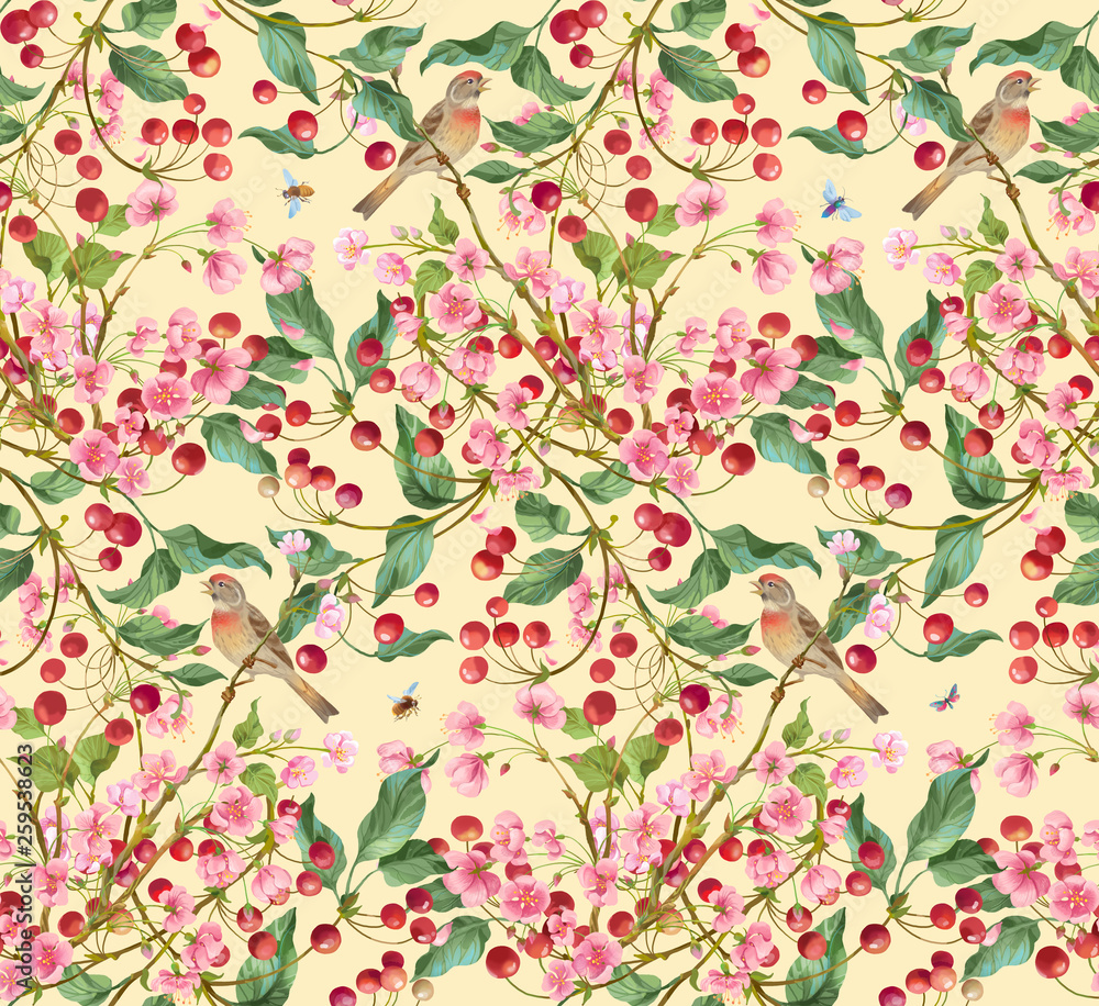 Cherry tree with flowers, berries, birds and insects. Seamless background pattern version 4