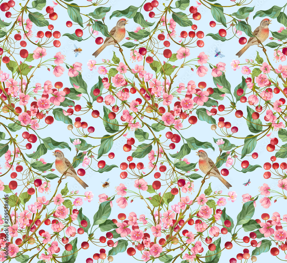 Cherry tree with flowers, berries, birds and insects. Seamless background pattern version 3