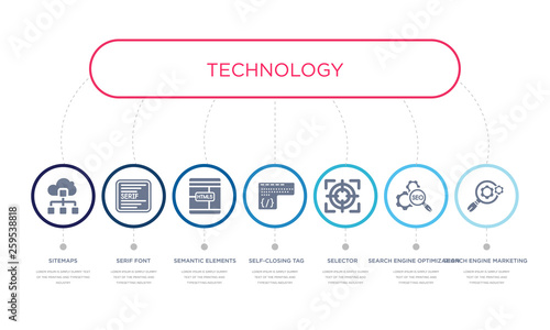 simple illustration set of 7 vector blue icons such as search engine marketing, search engine optimization, selector, _icon4, semantic elements, serif font, sitemaps. infographic design with 7 icons