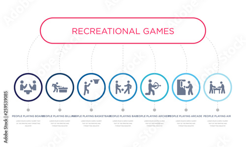 simple illustration set of 7 vector blue icons such as people playing air hockey, people playing arcade game, people playing archery, _icon4, basketball, billiard, board games. infographic design