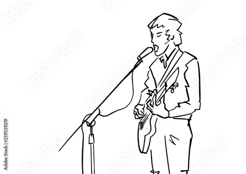 Musician sings and plays guitar. Gitarist linear contour. Vector silhouette of guitar player. Musical design element. Black lines drawing.