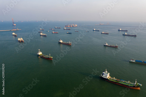 Aerial view of LPG-powered ships and tankers in the sea port For the energy export and import business for the transportation in the sea .