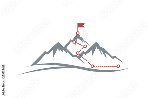 illustration of mountain climbing route to peak isolated on white background