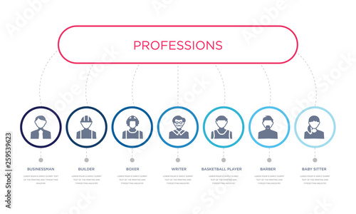 simple illustration set of 7 vector blue icons such as baby sitter, barber, basketball player, _icon4, boxer, builder, businessman. infographic design with 7 icons pack