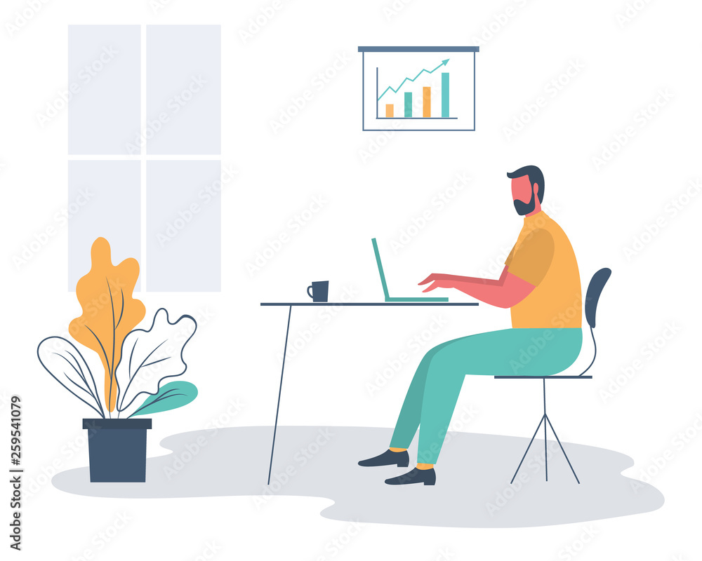 Office worker in the workplace. Young man is sitting at the desk in the office room. Business icon. There is a laptop, a cup, a diagram and a flower in the picture. Funky flat style. Vector