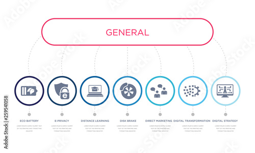 simple illustration set of 7 vector blue icons such as digital strategy, digital transformation, direct marketing, _icon4, distance learning, e-privacy, eco battery. infographic design with 7 icons