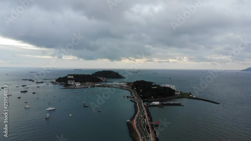 Aerial view of Frank Gehry's Biomuseo and Amador Causeway in Panama City photo