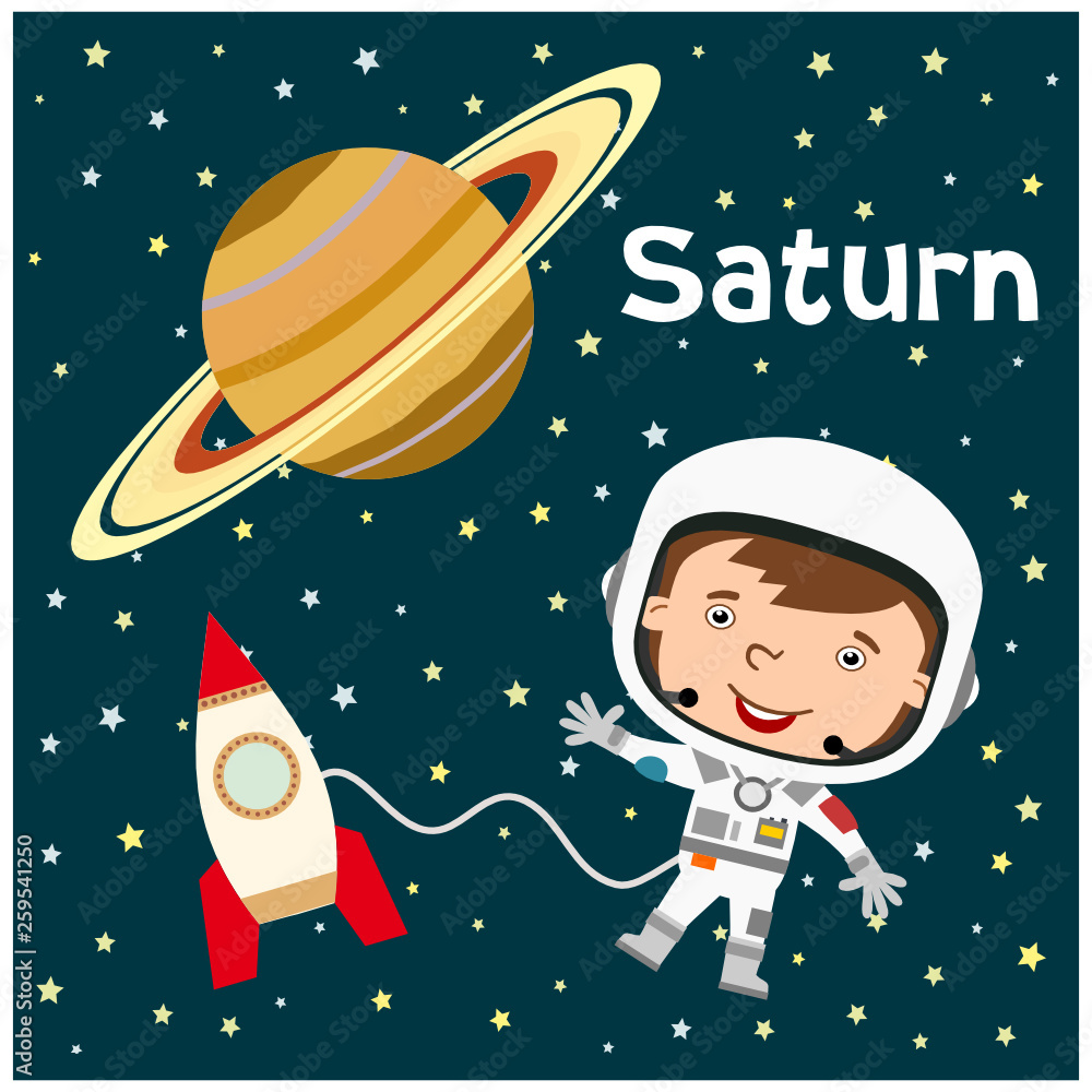 Funny astronaut in cartoon style in the open space next to a spaceship on  the background of Saturn Stock Vector | Adobe Stock