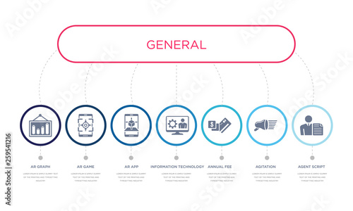 simple illustration set of 7 vector blue icons such as agent script, agitation, annual fee, _icon4, ar app, ar game, ar graph. infographic design with 7 icons pack