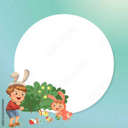 Little boy smile hunting decorative chocolate egg under brush in easter bunny costume with ears and tail, vector illustration, spring holiday fun, isolated on white, paschal basket for eggs hunter