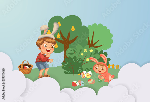 Little boy smile hunting decorative chocolate egg under brush in easter bunny costume with ears and tail, vector illustration, spring holiday fun, isolated on white, paschal basket for eggs hunter