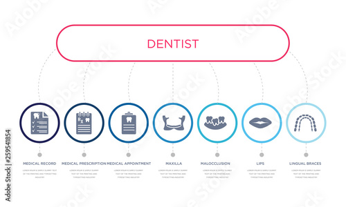 simple illustration set of 7 vector blue icons such as lingual braces, lips, malocclusion, _icon4, medical appointment, medical prescription, medical record. infographic design with 7 icons pack