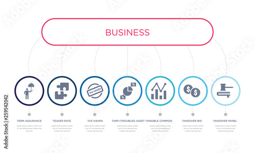 simple illustration set of 7 vector blue icons such as takeover panel, takeover bid, tangible common equity ratio, _icon4, tax haven, teaser rate, term assurance. infographic design with 7 icons