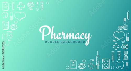Pharmacy and Medical banner with doodle background. Pills, Vitamin tablets, medical drug. Vector Illustration.