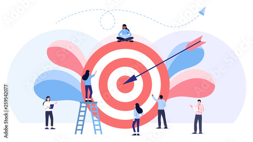 Businessmen working and woman at big target with arrow. Internal marketing, company goals promotion, employee engagement concept. Header or footer banner template. Teamwork, leadership