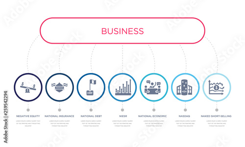 simple illustration set of 7 vector blue icons such as naked short-selling, nasdaq, national economic council, _icon4, national debt, national insurance, negative equity. infographic design with 7 photo