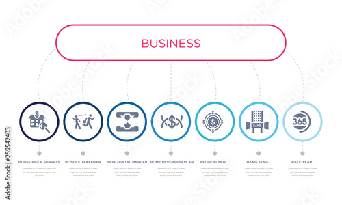 simple illustration set of 7 vector blue icons such as half year, hang seng, hedge funds, _icon4, horizontal merger, hostile takeover, house price surveys. infographic design with 7 icons pack