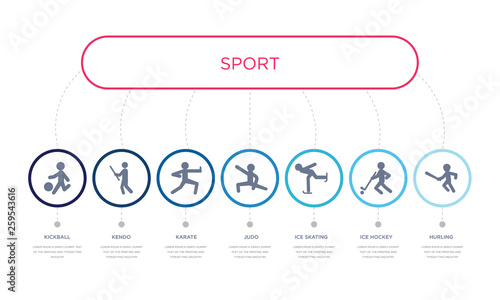 simple illustration set of 7 vector blue icons such as hurling, ice hockey, ice skating, _icon4, karate, kendo, kickball. infographic design with 7 icons pack