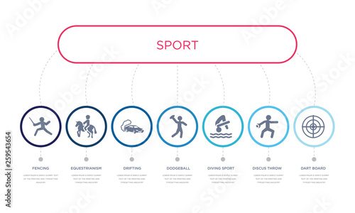 simple illustration set of 7 vector blue icons such as dart board, discus throw, diving sport, _icon4, drifting, equestrianism, fencing. infographic design with 7 icons pack