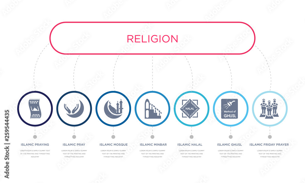 simple illustration set of 7 vector blue icons such as islamic friday