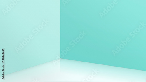 Empty corner with blue walls and floor. Empty room studio gradient used for background and display your product. 3d illustration