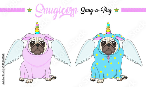 cute vector pug puppy dog sitting down, wearing pink and blue jumpsuit with unicorn horn with rainbow colors and angel wings