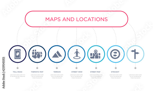 simple illustration set of 7 vector blue icons such as  , straight, street map, _icon4, terrain, thematic map, toll road. infographic design with 7 icons pack