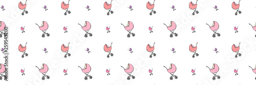 Cute baby carriages (prams) - seamless pattern.Lot of small table strollers in retro style. Children's drawing by hand. Soft colors, white background.