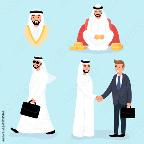 Arab man in business situations. Sheikh on the meeting with European and sitting with gold bars. Moslem is going. Wealthy people.
