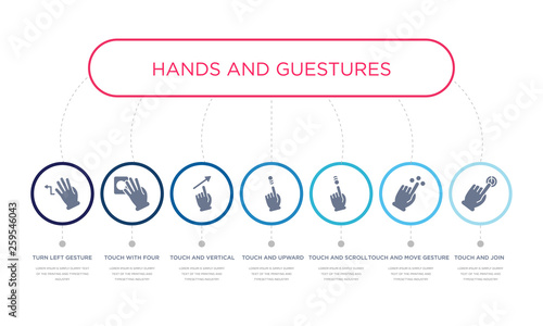 simple illustration set of 7 vector blue icons such as touch and join, touch and move gesture, touch and scroll gesture, _icon4, vertical sliding gesture, with four fingers, turn left infographic