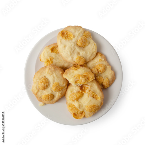 Homemade Fresh Cookies Cornflakes isolated over white background.